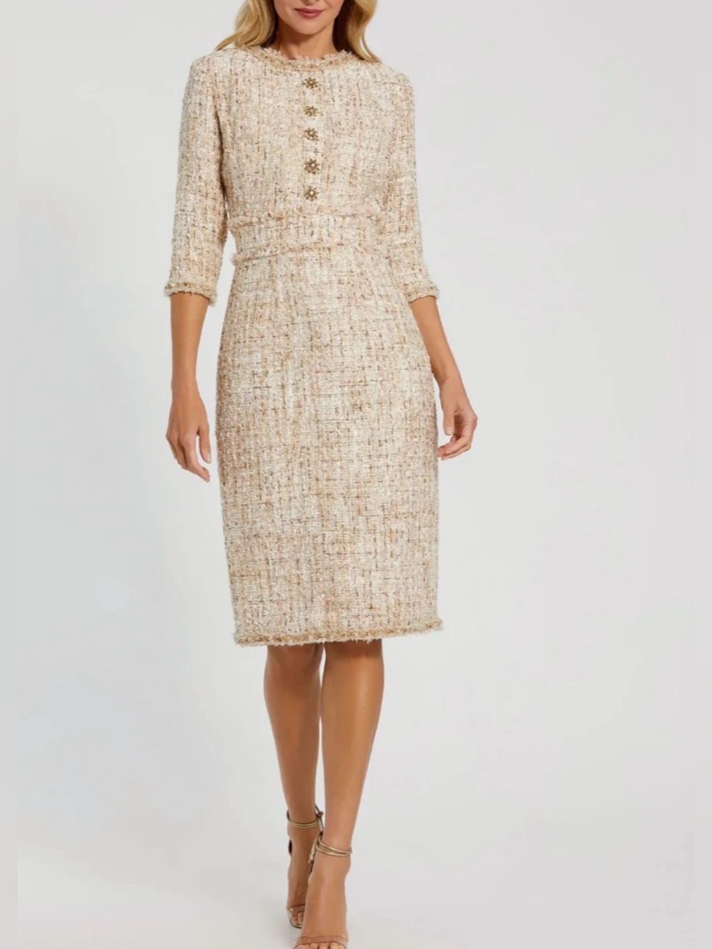 Mac Duggal Beaded Trim Tweed Boucle Midi Dress New With Tags Size 10